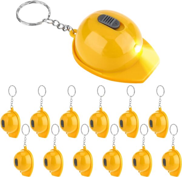 Bonuci 12 Pcs Construction Party Favors Mini Flashlight Keychain Miniature Construction Helmet Flashlight Small Safety Hat Keychain for Kids Construction Themed Birthday Party Gifts Prizes Supplies