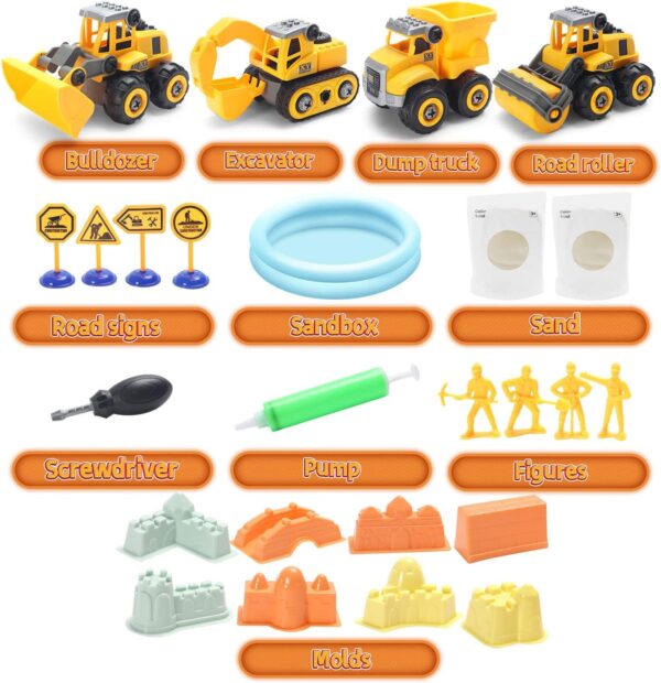 YIDESTARS Play Construction Sand Kit,2.2lbs Magic Sand W/4 Large Take Apart Construction Trucks,1 Sandbox,8 Worker Figures and Road Signs,8 Molds,Toys for 2-8 Years Old Boys Girls - Image 2