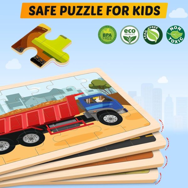 Wooden Puzzles for Kids Ages 4-6, 4 Packs 24 PCS Construction Vehicle Jigsaw Puzzles for Kids Ages 3-5, Preschool Educational Puzzles Boards Toys Gifts for Boys Girls - Image 4