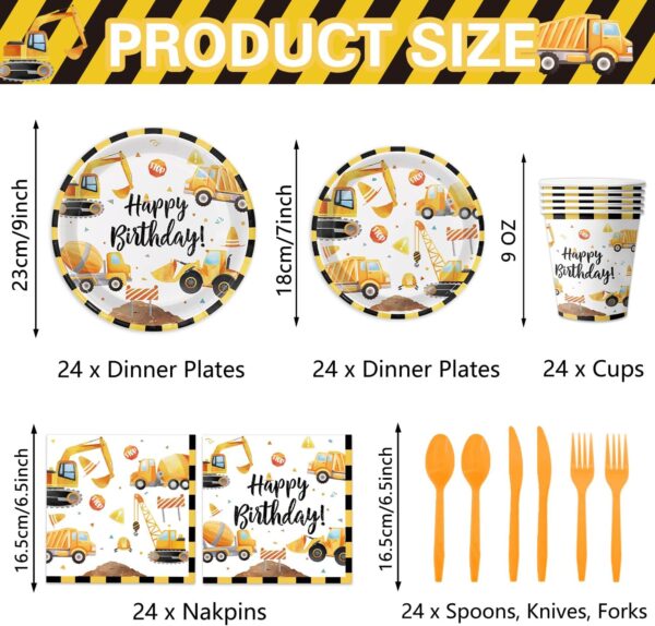 Oigco Construction Birthday Party Supplies Construction Theme Decorations Includes Plates, Cups, Napkins, Cutlery, Perfect for Boys Kids Birthday Party, Serves 24 Guests - Image 2