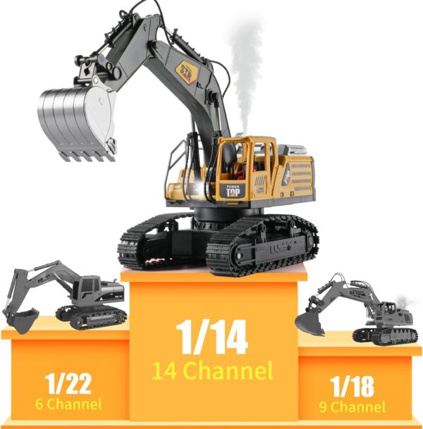 Remote Control Excavator Toys for Boys,14 Channel 1:14 RC Digger Construction Toys Tractor,Simulated Smoke, Sound, Lighting, Metal Digging Head, for Boys 3 4 5 6 7 8 9 10 - Image 2