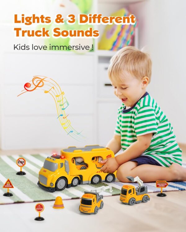 Construction Car Toys Set for 3 4 5 6 Years Old Toddlers Boys & Girls Gift, 4 Small Friction Powered Cars Trucks Crane Mixer Excavator, Sound and Light Big Truck 10*3.5*4.7 INCH, Road Signs - Image 2