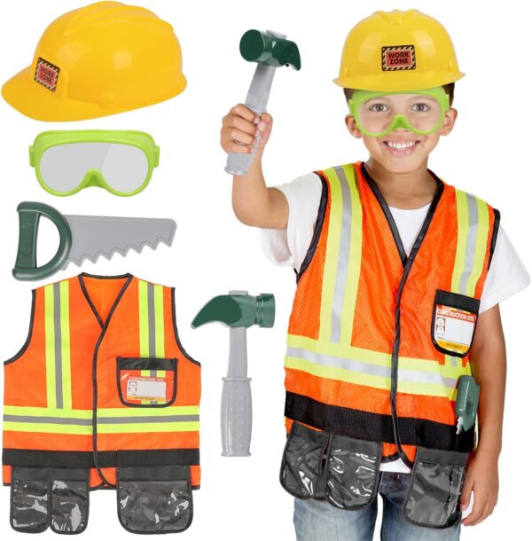 Kids Construction Worker Toys, Toddler Tool Pretend Play with Construction Vest & Hat, Worker Dressup Set for Boys Girls 3 4 5 6 Years Old