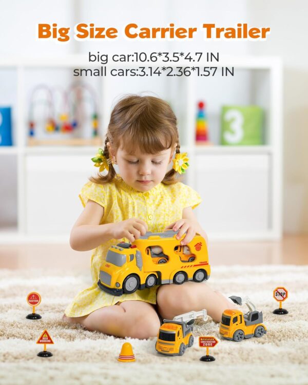 Construction Car Toys Set for 3 4 5 6 Years Old Toddlers Boys & Girls Gift, 4 Small Friction Powered Cars Trucks Crane Mixer Excavator, Sound and Light Big Truck 10*3.5*4.7 INCH, Road Signs - Image 5