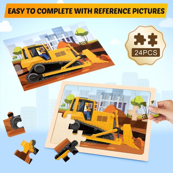 Wooden Puzzles for Kids Ages 4-6, 4 Packs 24 PCS Construction Vehicle Jigsaw Puzzles for Kids Ages 3-5, Preschool Educational Puzzles Boards Toys Gifts for Boys Girls - Image 3