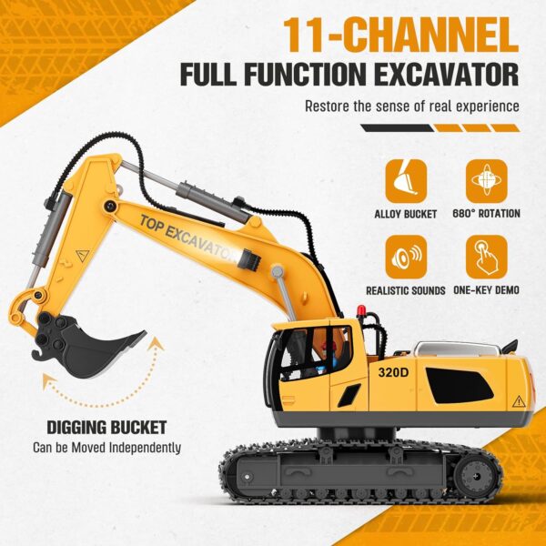 Remote Control Excavator Construction Toys for Boys, 2×1200mAh RC Excavator Toy with Metal Shovel & Light, 11CH Excavator Toys for Boys 3-5 4-7 8-12 Year Old Kids 2023 Christmas Birthday Gift,120+Mins - Image 2