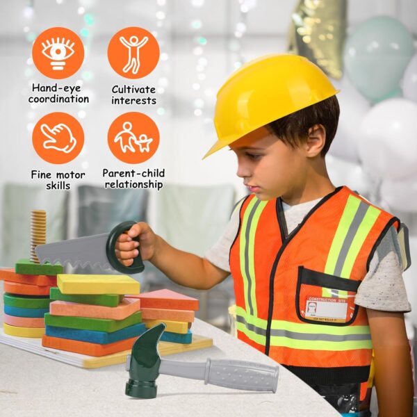 Kids Construction Worker Toys, Toddler Tool Pretend Play with Construction Vest & Hat, Worker Dressup Set for Boys Girls 3 4 5 6 Years Old - Image 4