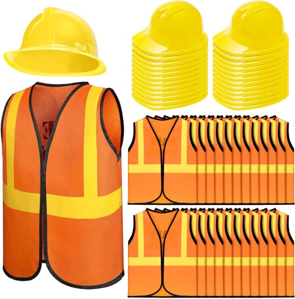 48 Pieces Kids Construction Worker Costume Includes 24 Pcs Construction Hats and 24 Pcs Construction Vests for Kids Birthday Party Halloween Construction Worker Costume Favor Decoration