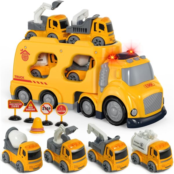 Construction Car Toys Set for 3 4 5 6 Years Old Toddlers Boys & Girls Gift, 4 Small Friction Powered Cars Trucks Crane Mixer Excavator, Sound and Light Big Truck 10*3.5*4.7 INCH, Road Signs