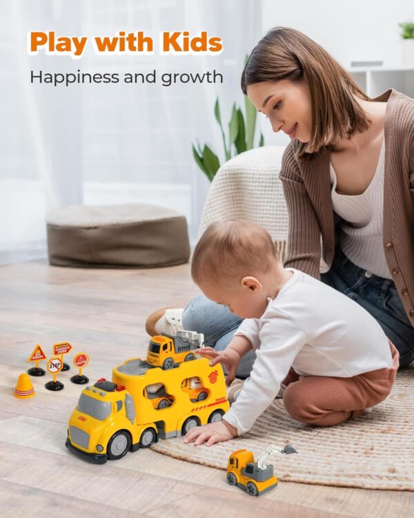 Construction Car Toys Set for 3 4 5 6 Years Old Toddlers Boys & Girls Gift, 4 Small Friction Powered Cars Trucks Crane Mixer Excavator, Sound and Light Big Truck 10*3.5*4.7 INCH, Road Signs - Image 6