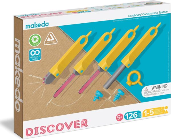 Makedo Discover | 126 Piece Cardboard Construction Toolbox for 1-5 Makers | STEM and STEAM Educational Toys for Kids | at Home Play + Classroom Learning | Reusable Tools for Boys and Girls Age 5+