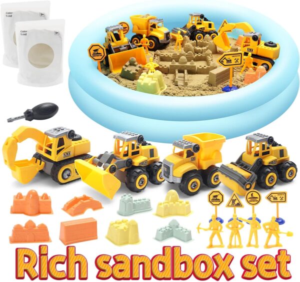 YIDESTARS Play Construction Sand Kit,2.2lbs Magic Sand W/4 Large Take Apart Construction Trucks,1 Sandbox,8 Worker Figures and Road Signs,8 Molds,Toys for 2-8 Years Old Boys Girls - Image 7