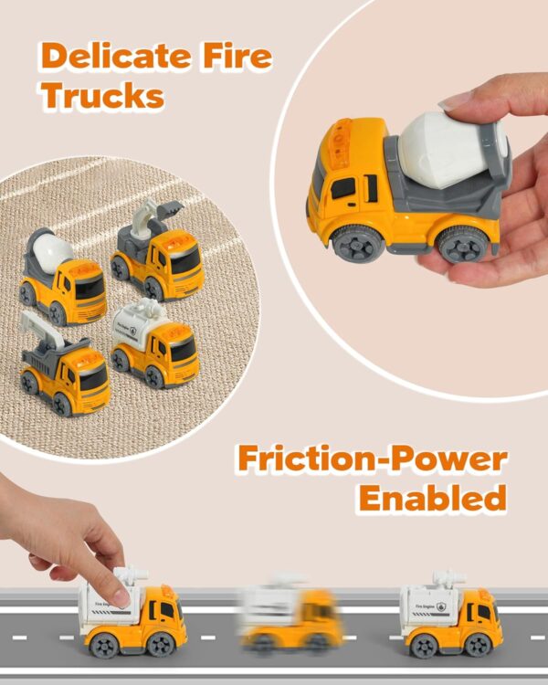 Construction Car Toys Set for 3 4 5 6 Years Old Toddlers Boys & Girls Gift, 4 Small Friction Powered Cars Trucks Crane Mixer Excavator, Sound and Light Big Truck 10*3.5*4.7 INCH, Road Signs - Image 3