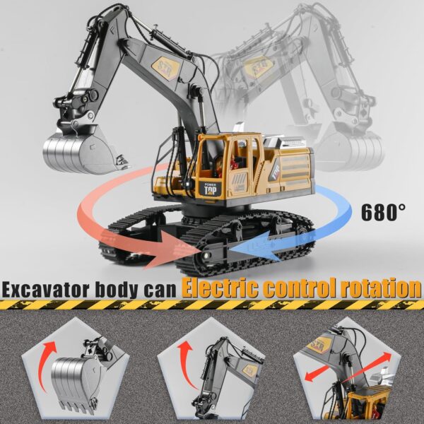 Remote Control Excavator Toys for Boys,14 Channel 1:14 RC Digger Construction Toys Tractor,Simulated Smoke, Sound, Lighting, Metal Digging Head, for Boys 3 4 5 6 7 8 9 10 - Image 4