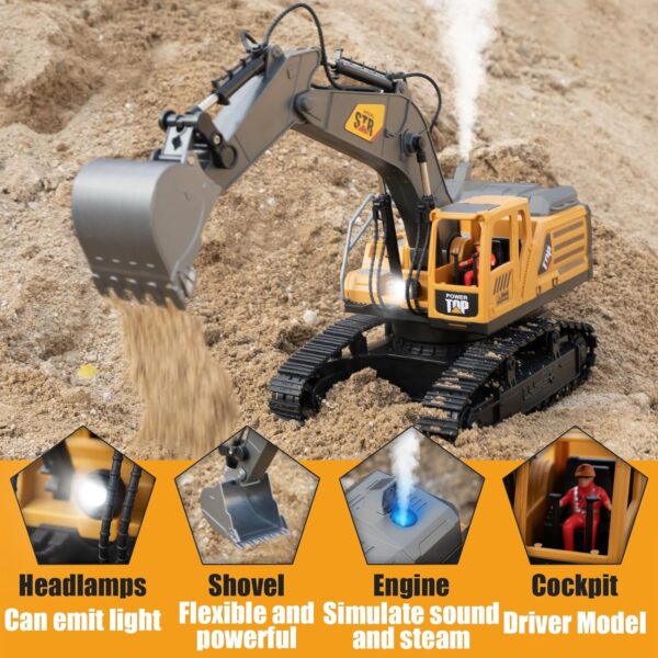 Remote Control Excavator Toys for Boys,14 Channel 1:14 RC Digger Construction Toys Tractor,Simulated Smoke, Sound, Lighting, Metal Digging Head, for Boys 3 4 5 6 7 8 9 10 - Image 3