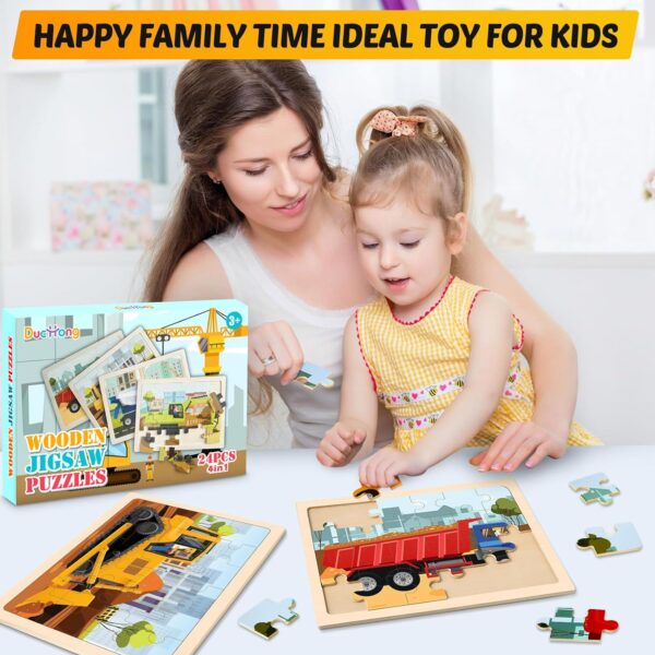 Wooden Puzzles for Kids Ages 4-6, 4 Packs 24 PCS Construction Vehicle Jigsaw Puzzles for Kids Ages 3-5, Preschool Educational Puzzles Boards Toys Gifts for Boys Girls - Image 7