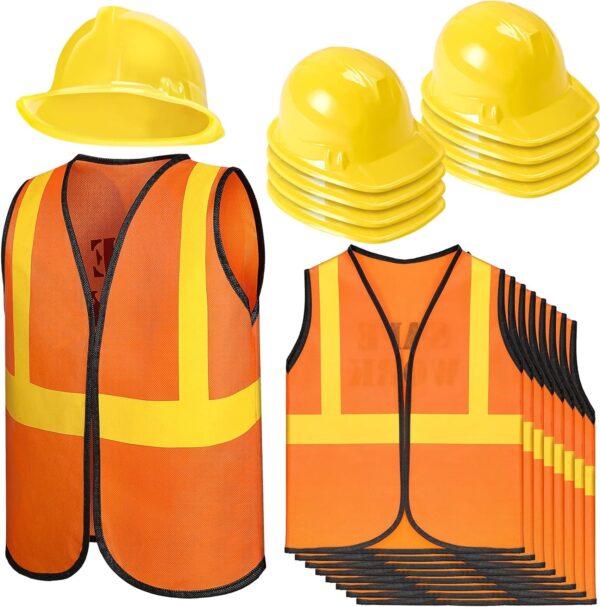 Geyoga 16 Pcs Construction Vest for Kids Party Favors Hard Hat Construction Dressing Up Supplies Construction Funny Worker Costume for Birthday Party, Including 8 Vests and 8 Construction Hats