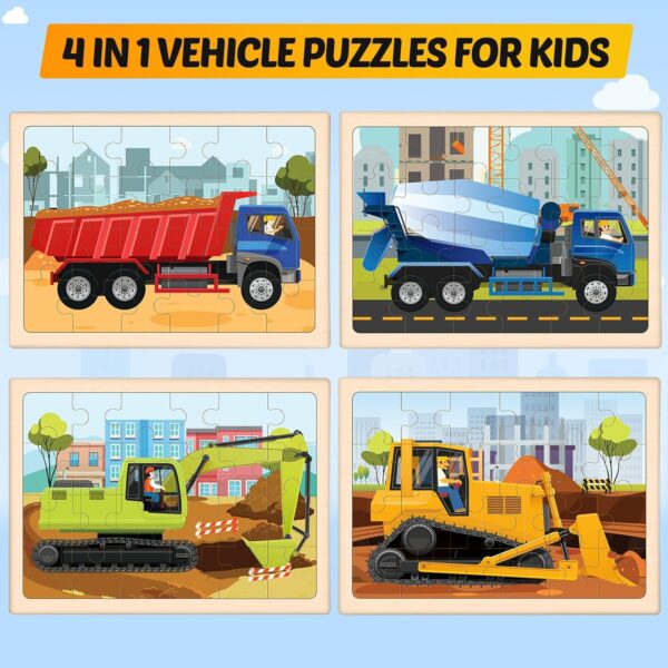 Wooden Puzzles for Kids Ages 4-6, 4 Packs 24 PCS Construction Vehicle Jigsaw Puzzles for Kids Ages 3-5, Preschool Educational Puzzles Boards Toys Gifts for Boys Girls - Image 2