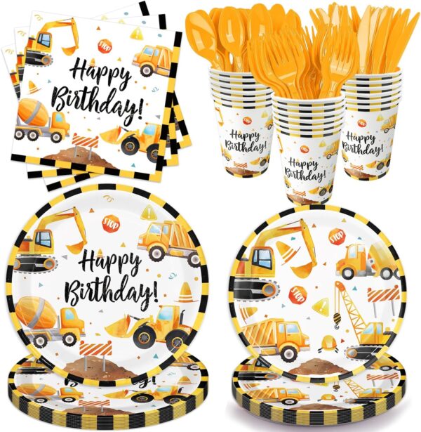 Oigco Construction Birthday Party Supplies Construction Theme Decorations Includes Plates, Cups, Napkins, Cutlery, Perfect for Boys Kids Birthday Party, Serves 24 Guests