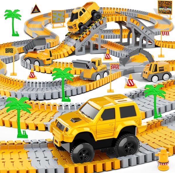 Kids Construction Toys 253 PCS Race Tracks Toy for 3 4 5 6 7 8 Year Old Boys Girls, 5 PCS Truck Car and Flexible Track Play Set Create A Engineering Road Games Toddler Best Gift