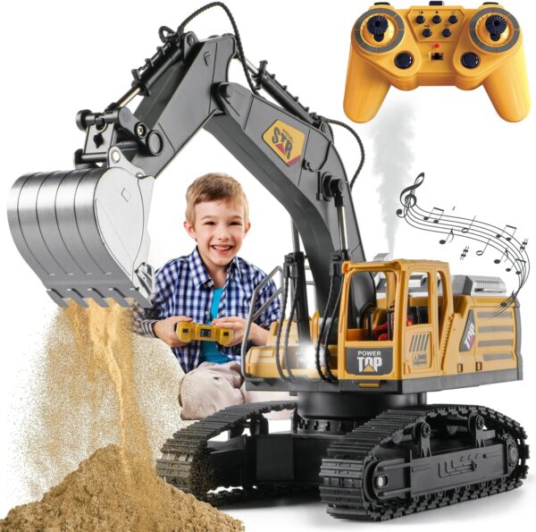 Remote Control Excavator Toys for Boys,14 Channel 1:14 RC Digger Construction Toys Tractor,Simulated Smoke, Sound, Lighting, Metal Digging Head, for Boys 3 4 5 6 7 8 9 10